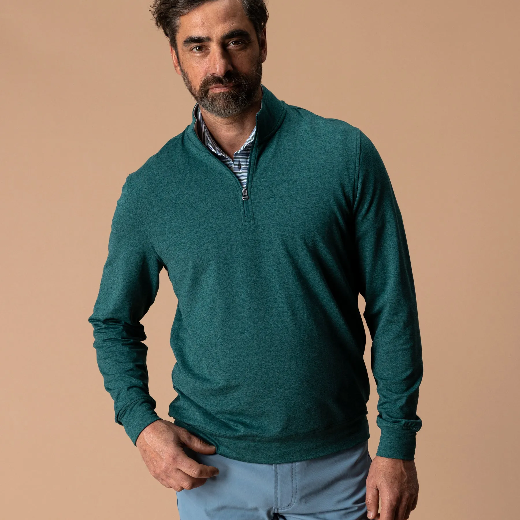 Long Drive Performance 1/4 Zip Pullover - Midnight Teal Heather sold by Duck Head
