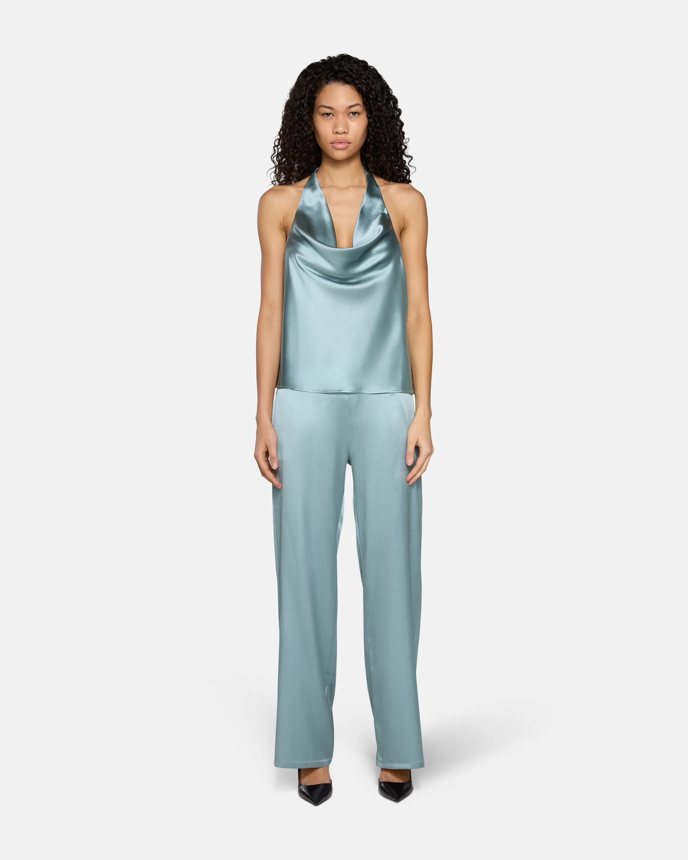 Wren Loose Pull on Pant Dusty Blue Silk sold by EB Denim