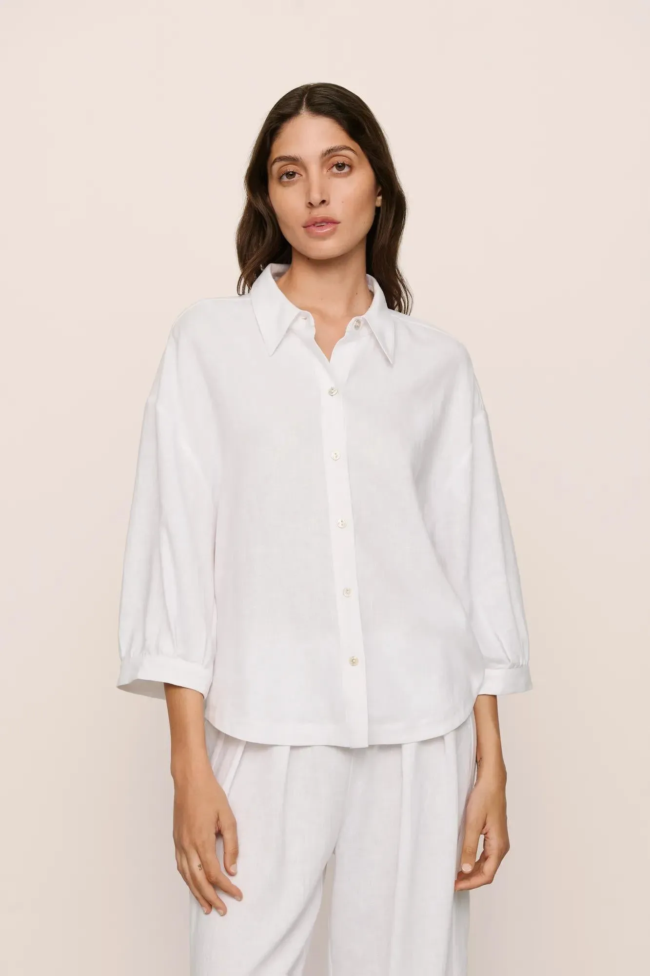 Linen Blend Relaxed Quarter Sleeve Top sold by Eberjey