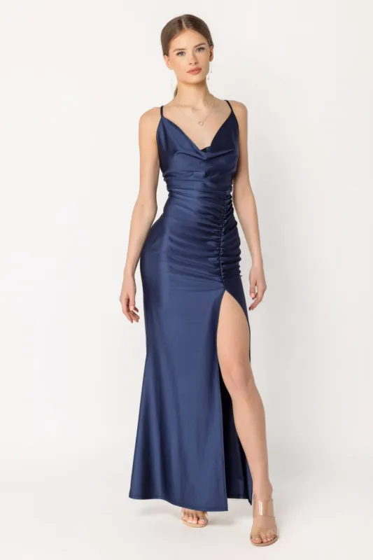Satin Drape Neck Maxi Dress with Side Slit sold by Eclipse