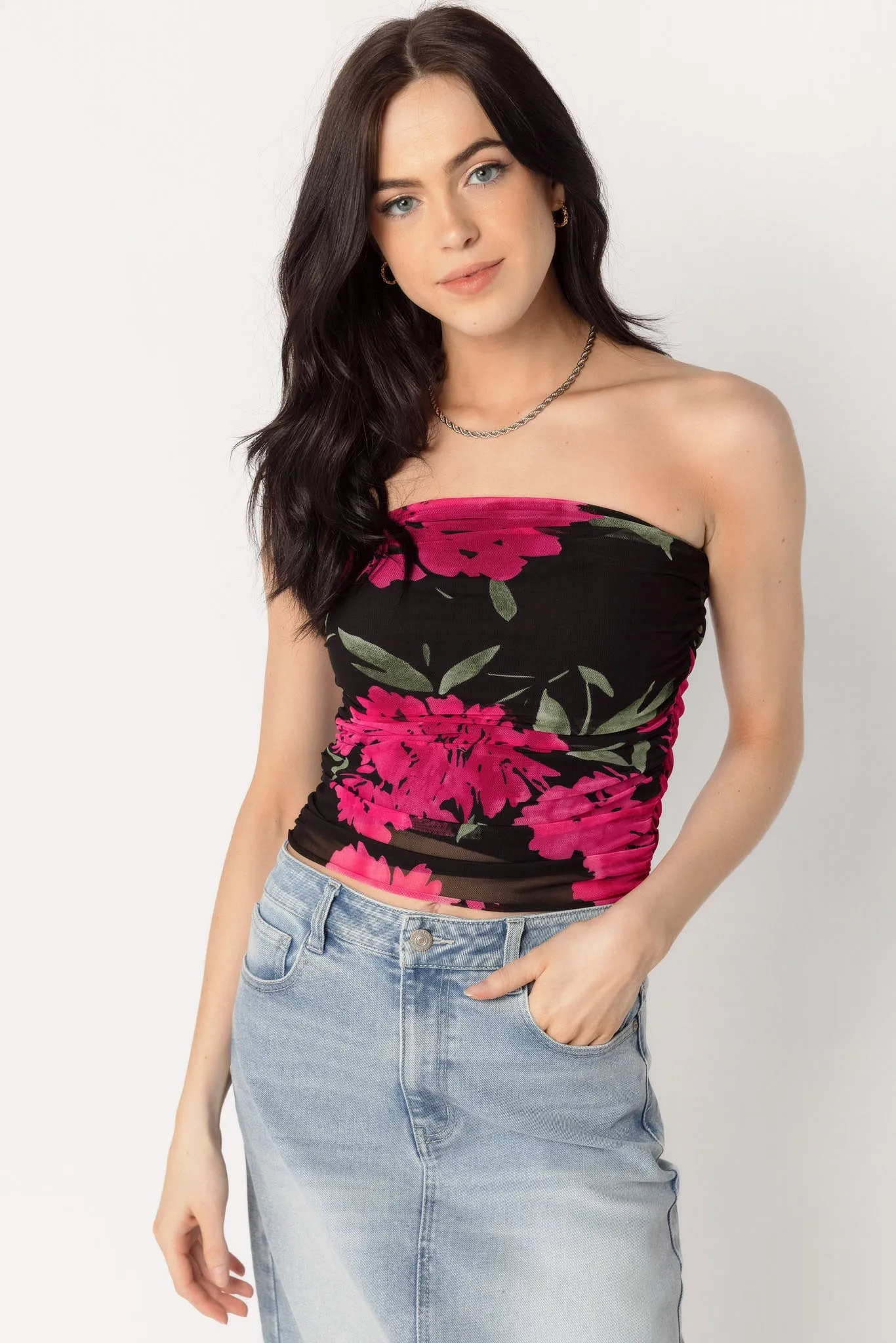 Bright Floral Mesh Ruched Tube Top sold by Eclipse