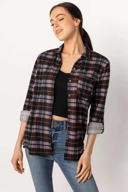 Purple Plaid Roll Tab-Sleeve Shirt sold by Eclipse