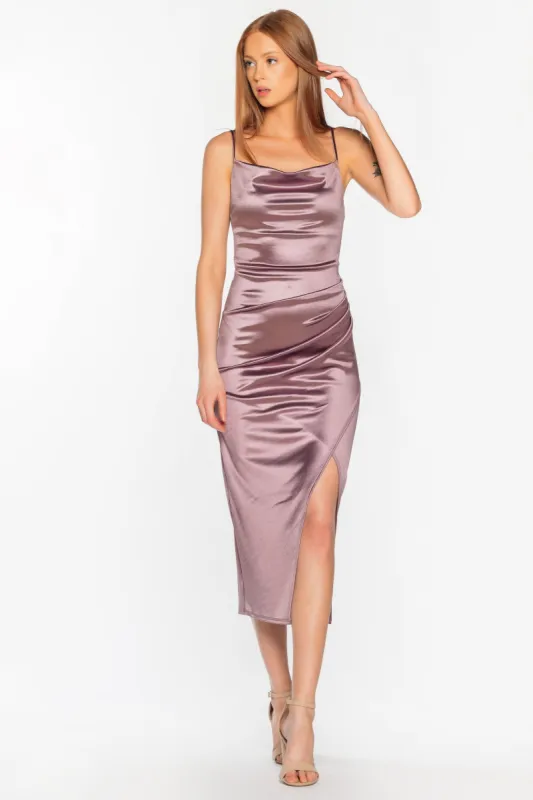 Stretch Satin Drape Neck Midi Dress sold by Eclipse