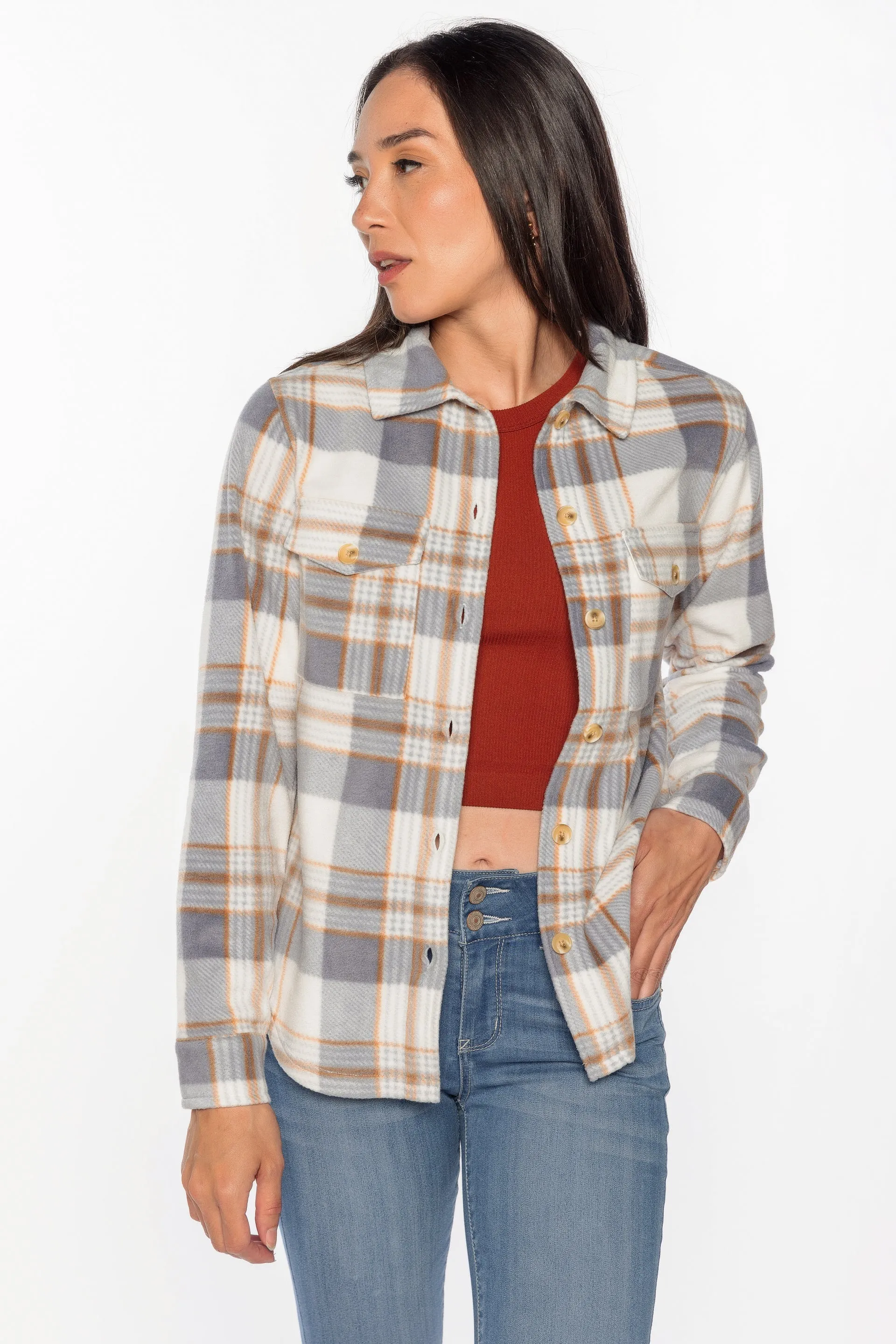 Wallflower Taylor Plaid Polar Fleece Shacket sold by Eclipse