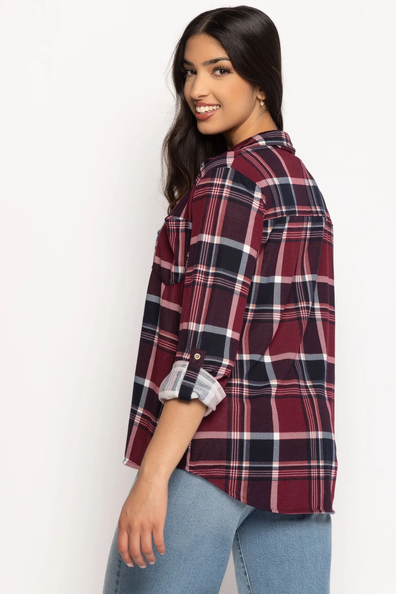 Cozy Plaid Shirt with Roll-Up Sleeves in Cranberry sold by Eclipse product image thumbnail 2