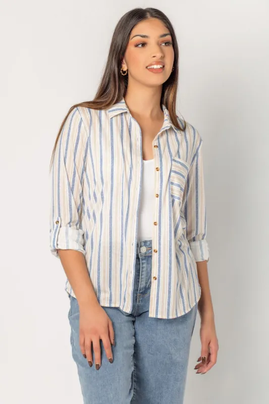 Beige & Blue Stripe Button-Up Shirt sold by Eclipse