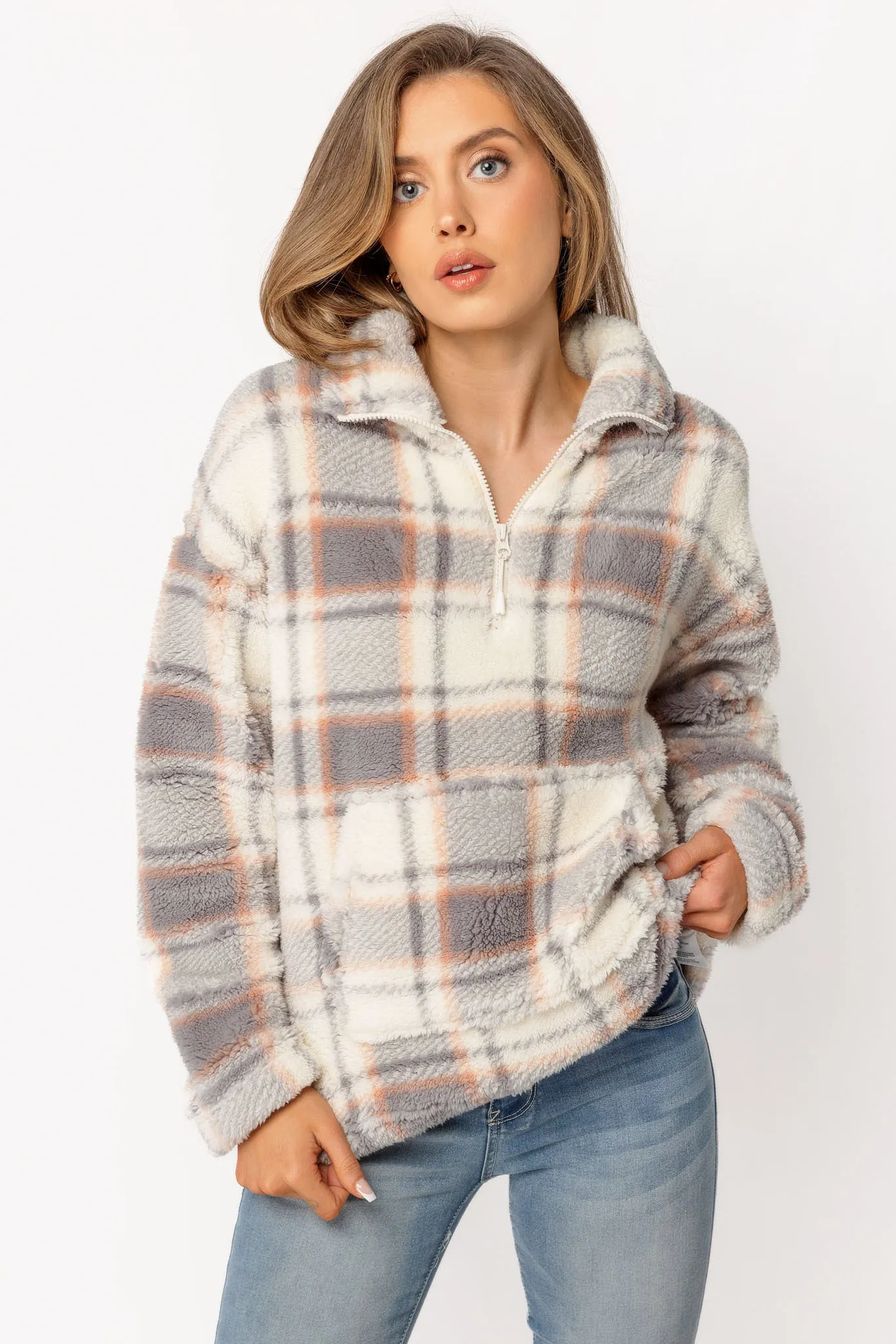 Plaid Quarter-Zip Teddy Sherpa Popover sold by Eclipse