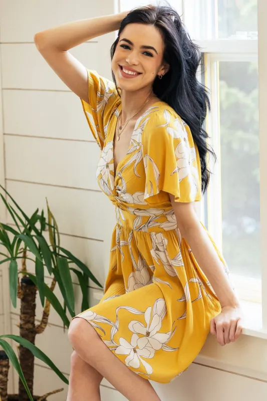 Floral Bell Sleeve Knotted Bust Dress with Cut-Out sold by Eclipse