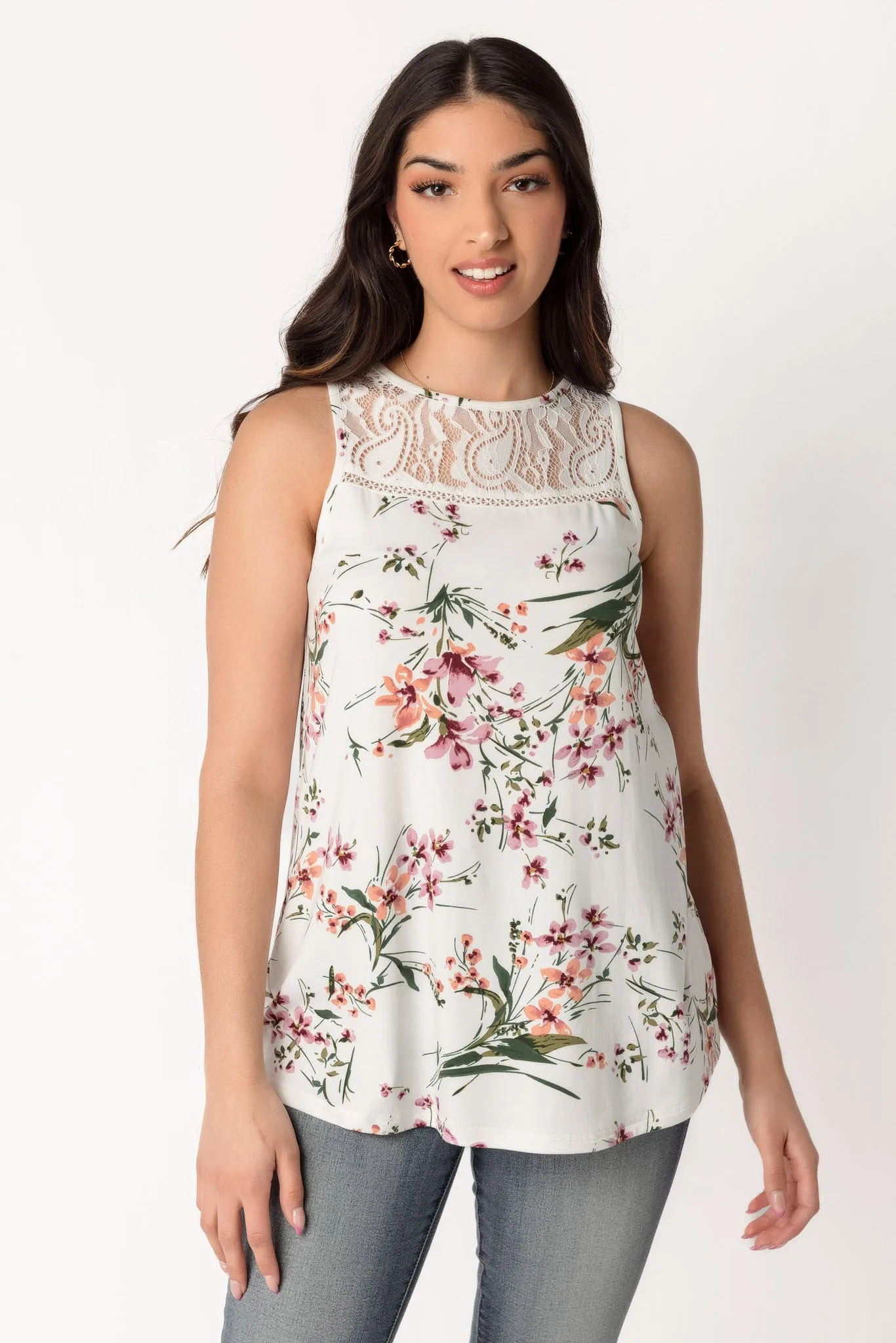 Floral Bouquet Sleeveless Top with Lace Trim sold by Eclipse