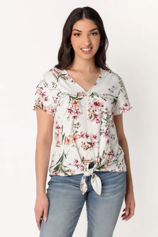 Bouquet Floral V-Neck Top with Tie-Front sold by Eclipse