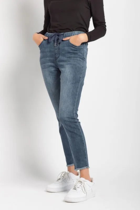 YMI Dark Wash High-Rise Jogger with Frayed Hem sold by Eclipse
