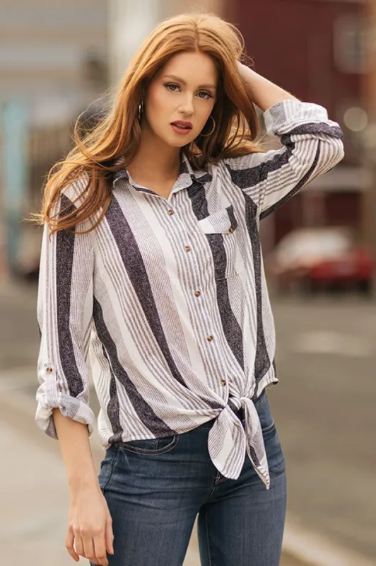 Stripe Knit Shirt with Roll-Up Sleeves and Tie-Front sold by Eclipse