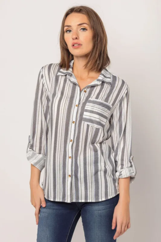 Stripe Knit One-Pocket Shirt with Roll-Up Sleeves sold by Eclipse