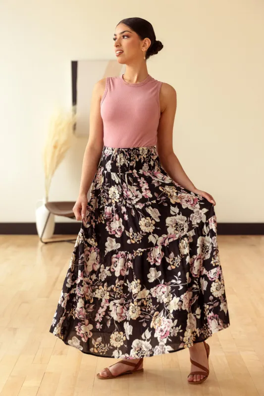 Pink Floral Gauze Tiered Maxi Skirt sold by Eclipse