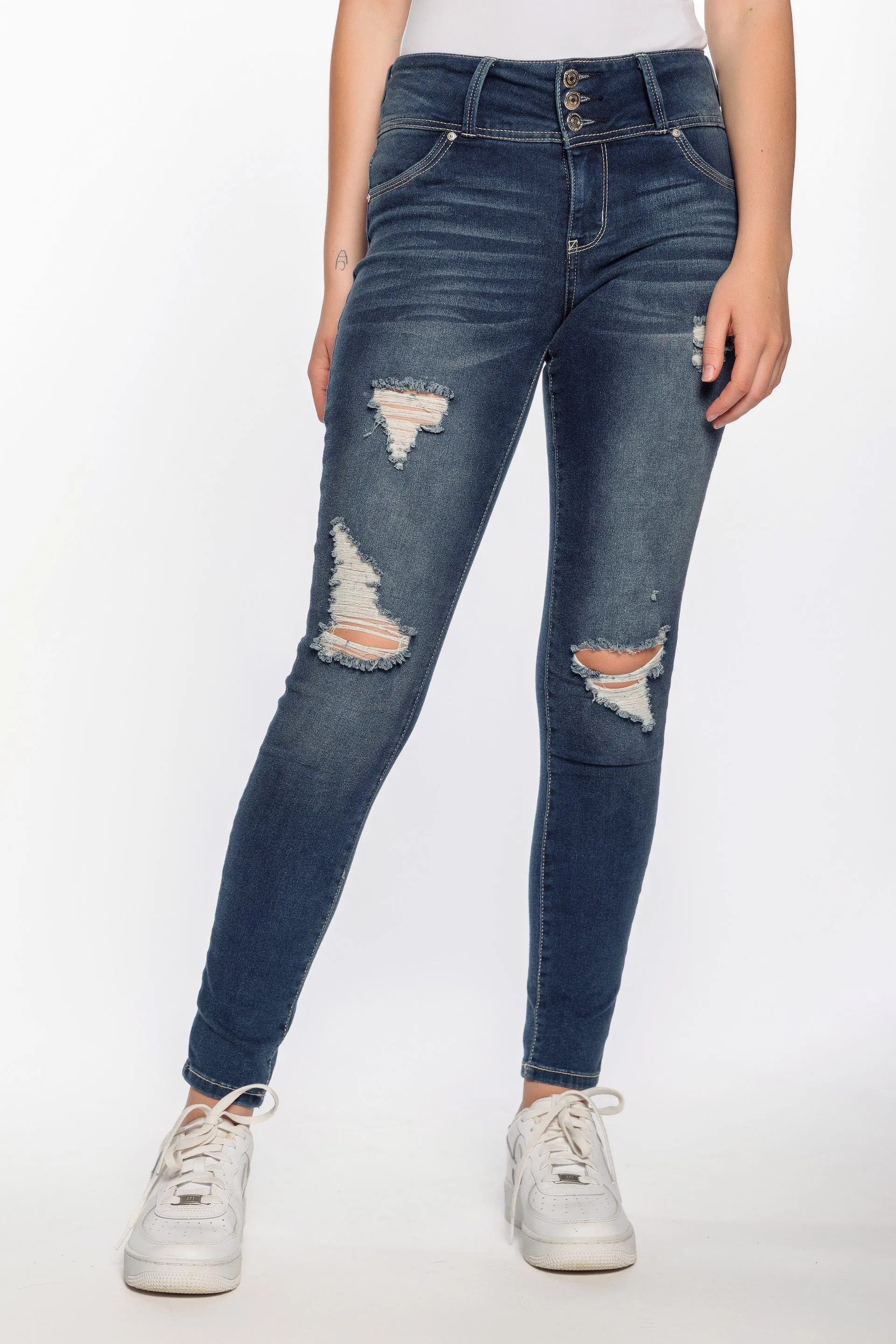 WallFlower Iris Wash Insta-Soft Sassy Skinny Distressed High-Rise Jegging with Triple Button Fly sold by Eclipse