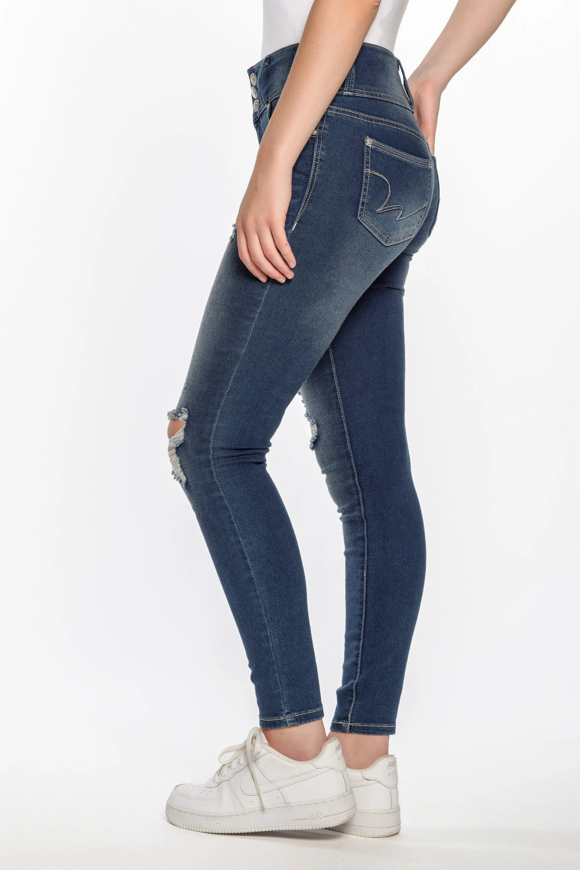 WallFlower Iris Wash Insta-Soft Sassy Skinny Distressed High-Rise Jegging with Triple Button Fly sold by Eclipse product image thumbnail 3
