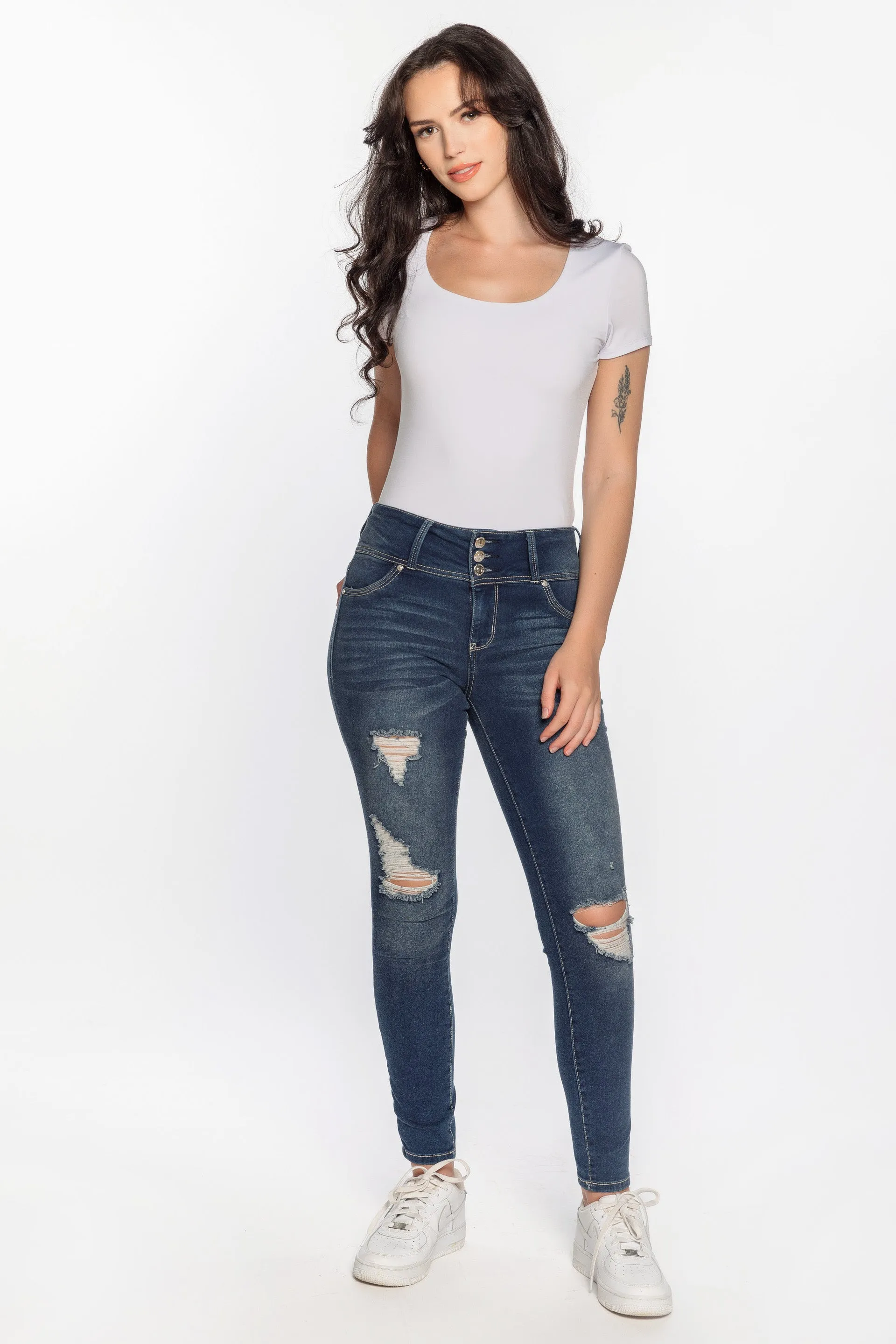 WallFlower Iris Wash Insta-Soft Sassy Skinny Distressed High-Rise Jegging with Triple Button Fly sold by Eclipse product image thumbnail 4