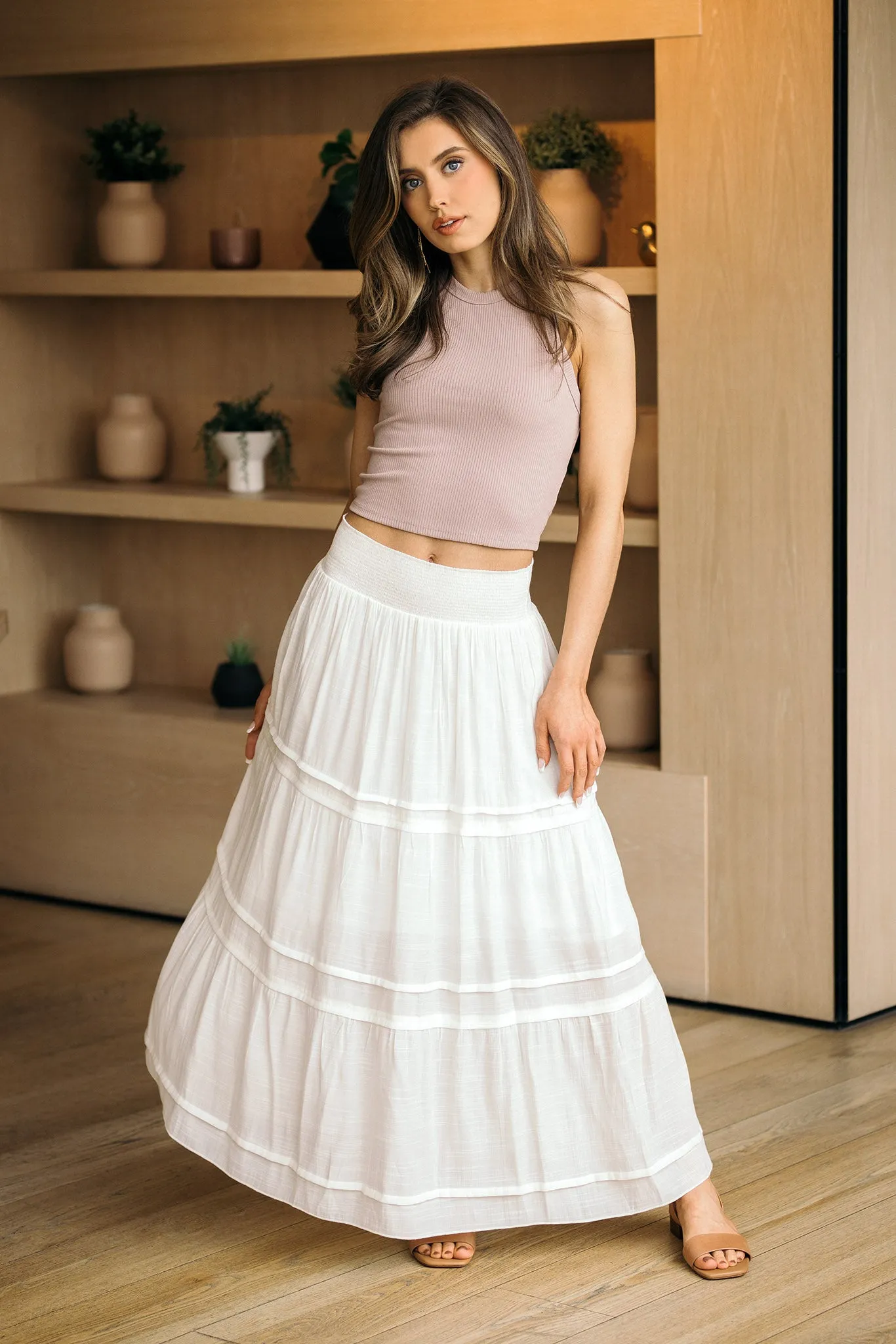 Gauze Tiered Maxi Skirt with Smocked Waistband sold by Eclipse