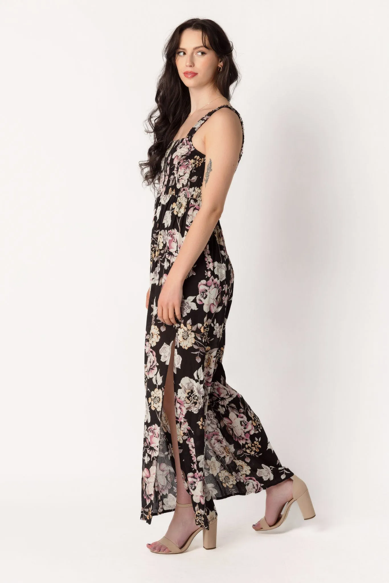 Floral Gauze Wide Strap Jumpsuit with Side Slits sold by Eclipse