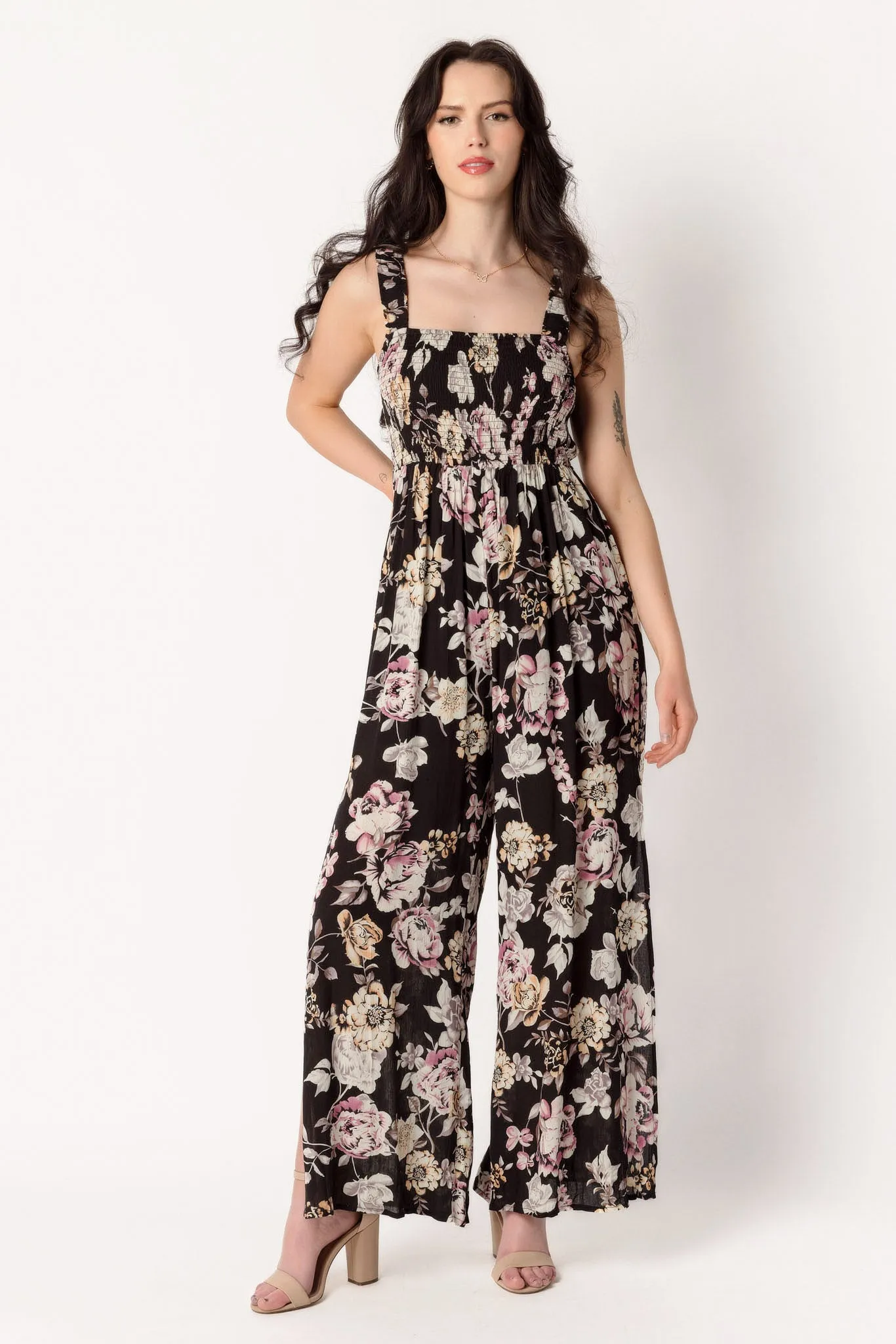 Floral Gauze Wide Strap Jumpsuit with Side Slits sold by Eclipse product image thumbnail 3