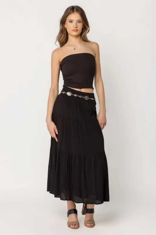 Black Gauze Peasant Maxi Skirt with Metal Belt sold by Eclipse