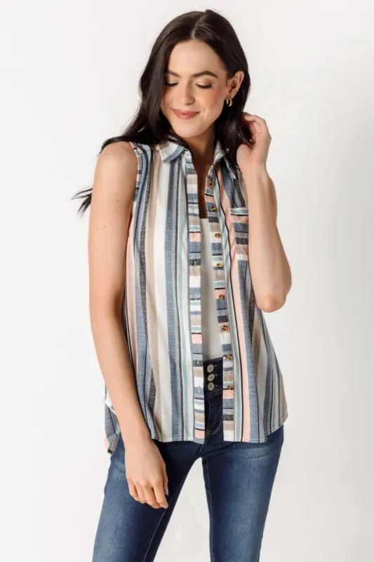 Mauve & Navy Stripe Sleeveless Shirt sold by Eclipse