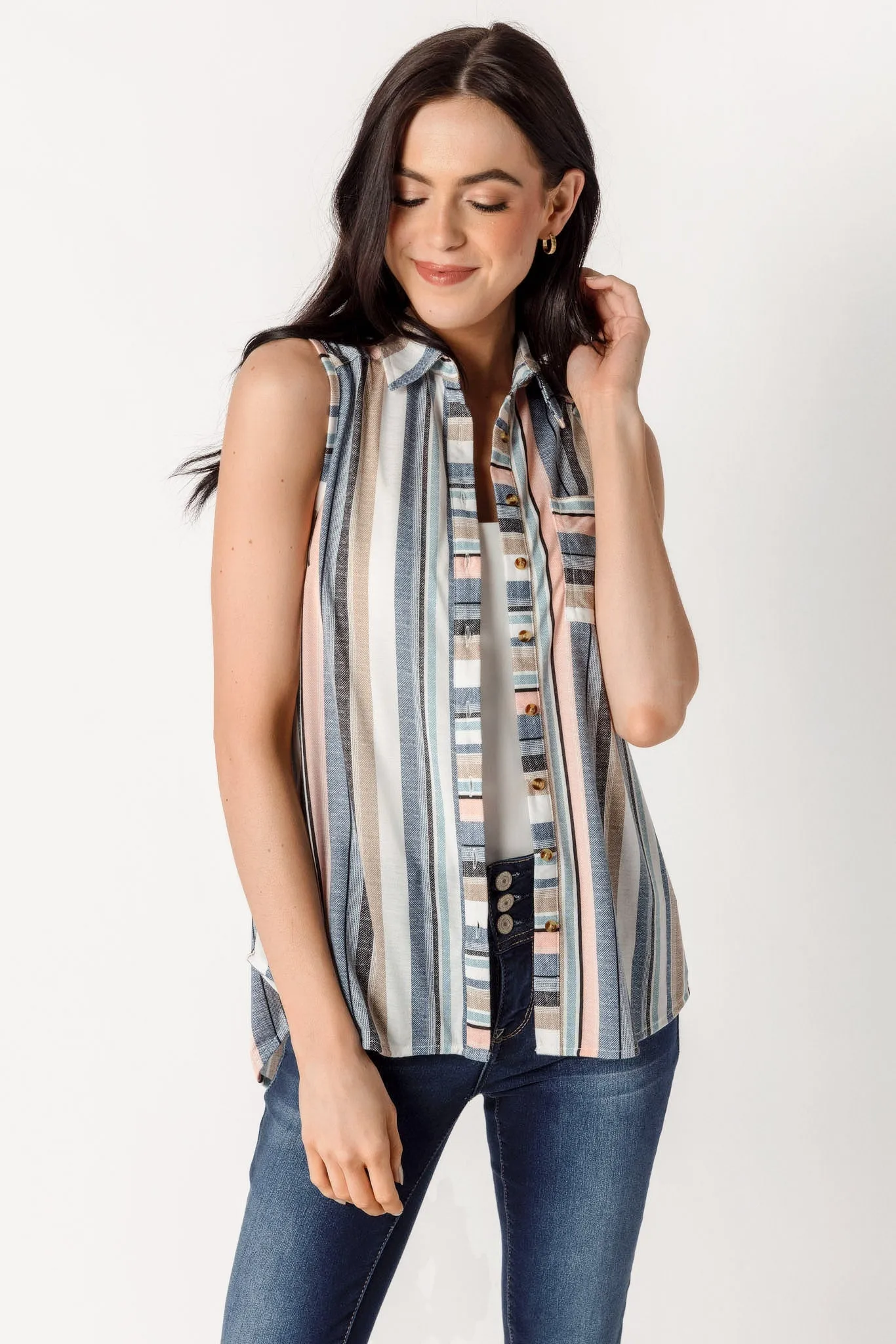 Mauve & Navy Stripe Sleeveless Shirt sold by Eclipse