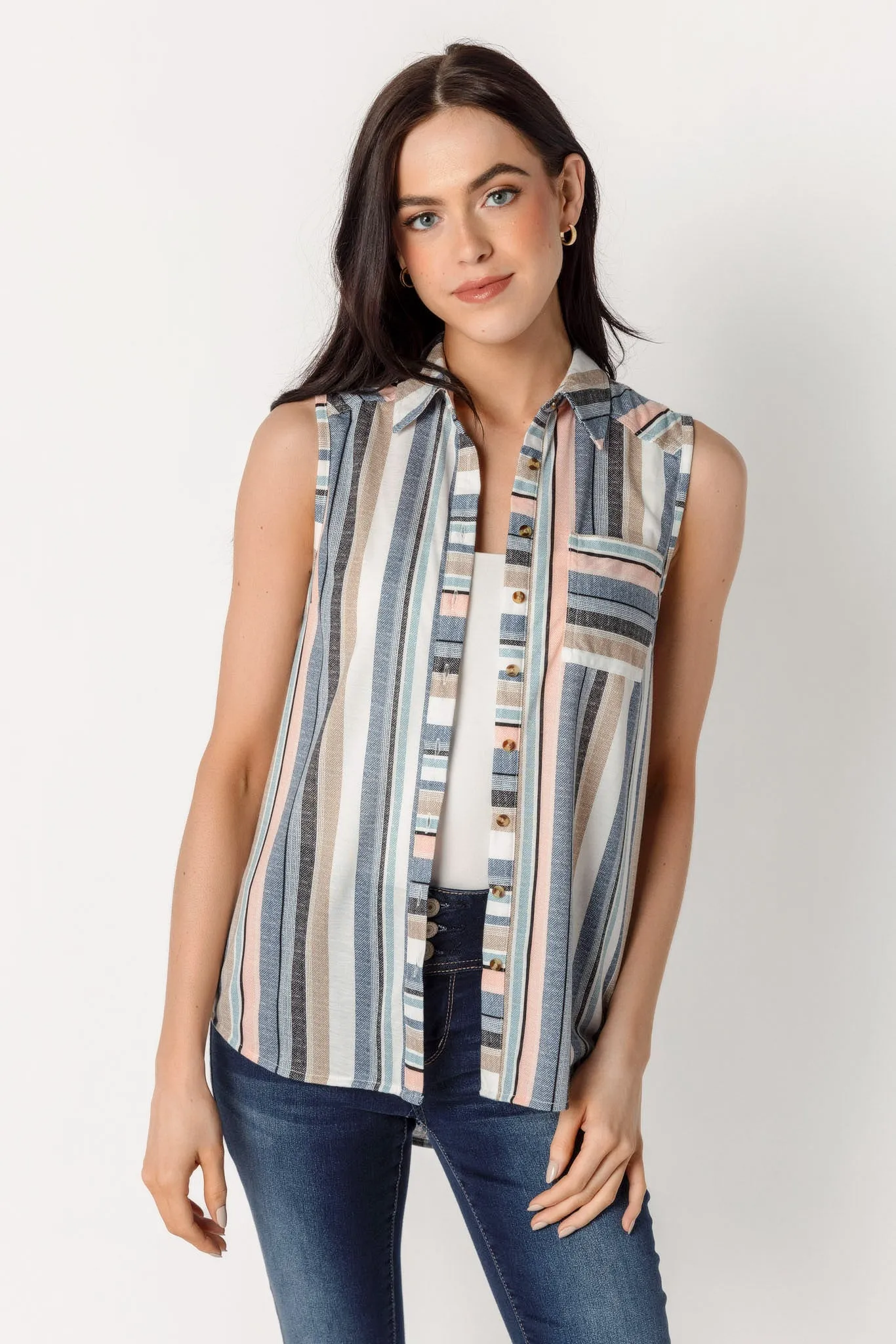 Mauve & Navy Stripe Sleeveless Shirt sold by Eclipse product image thumbnail 3