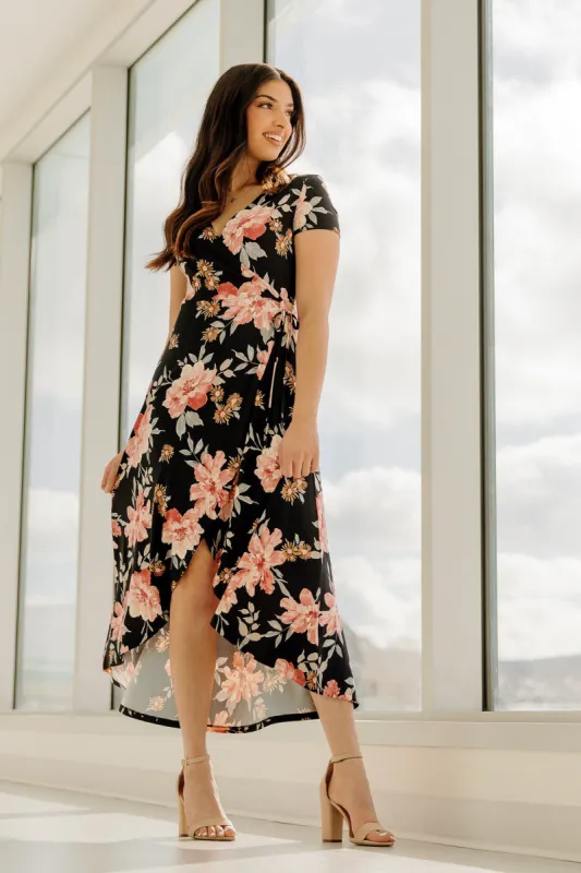 Floral Brushed Cap Sleeve Crossover High Low Dress sold by Eclipse