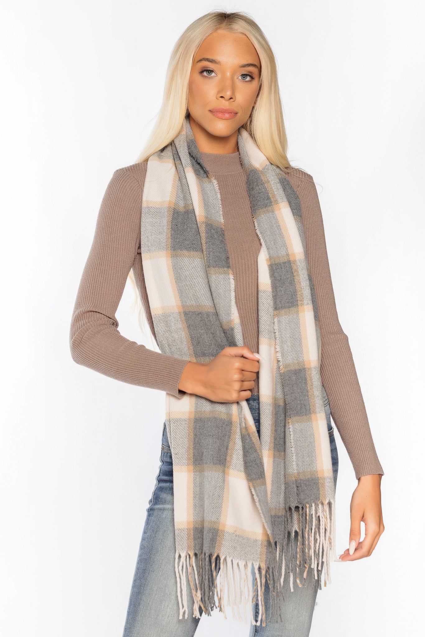 Plaid Oblong Scarf with Fringe sold by Eclipse