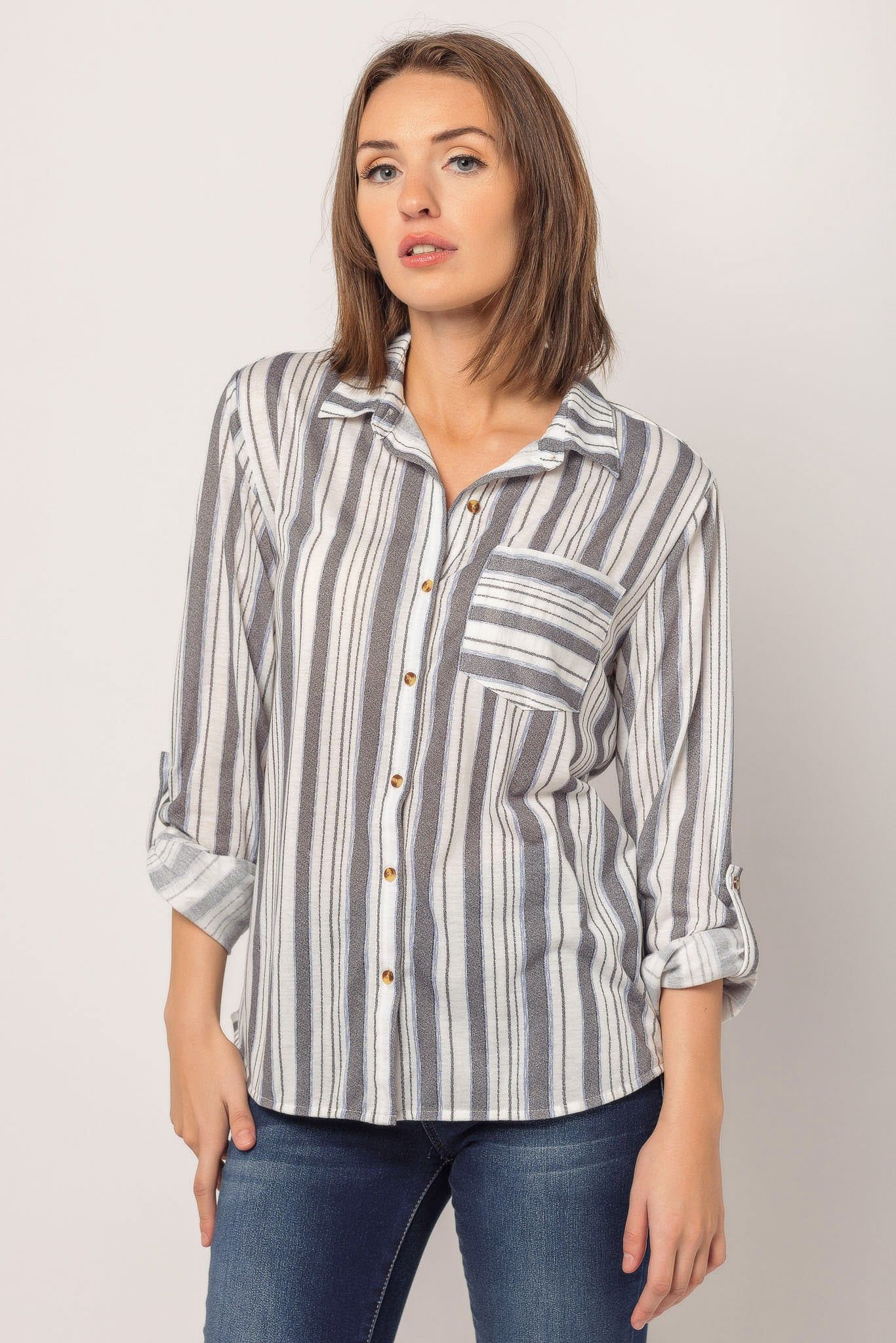 Stripe Knit One-Pocket Shirt with Roll-Up Sleeves sold by Eclipse