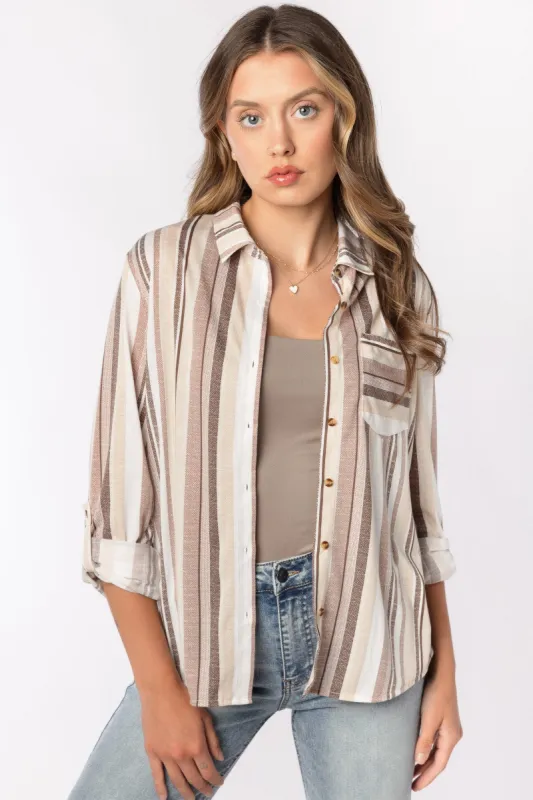 Striped Button-Up V-Neck Shirt sold by Eclipse