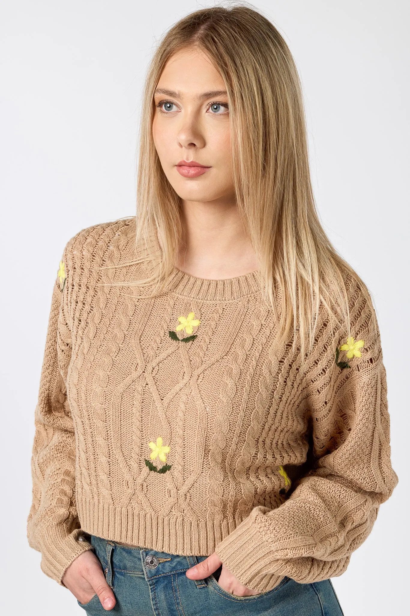 Floral Embroidered Cabled Cropped Sweater sold by Eclipse product image thumbnail 3
