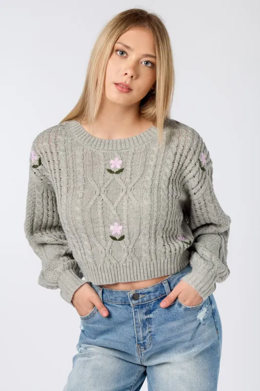 Floral Embroidered Cabled Cropped Sweater sold by Eclipse