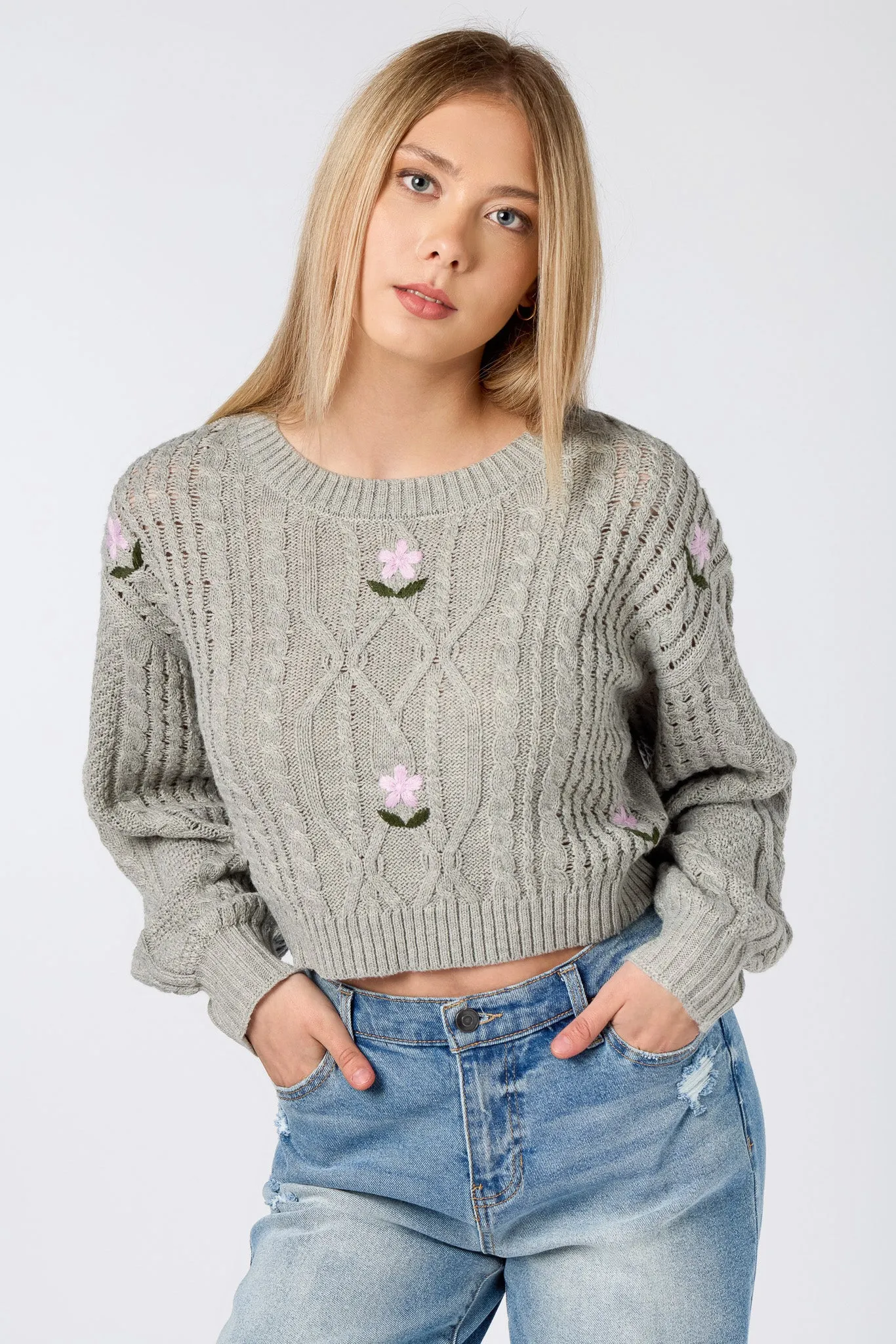 Floral Embroidered Cabled Cropped Sweater sold by Eclipse