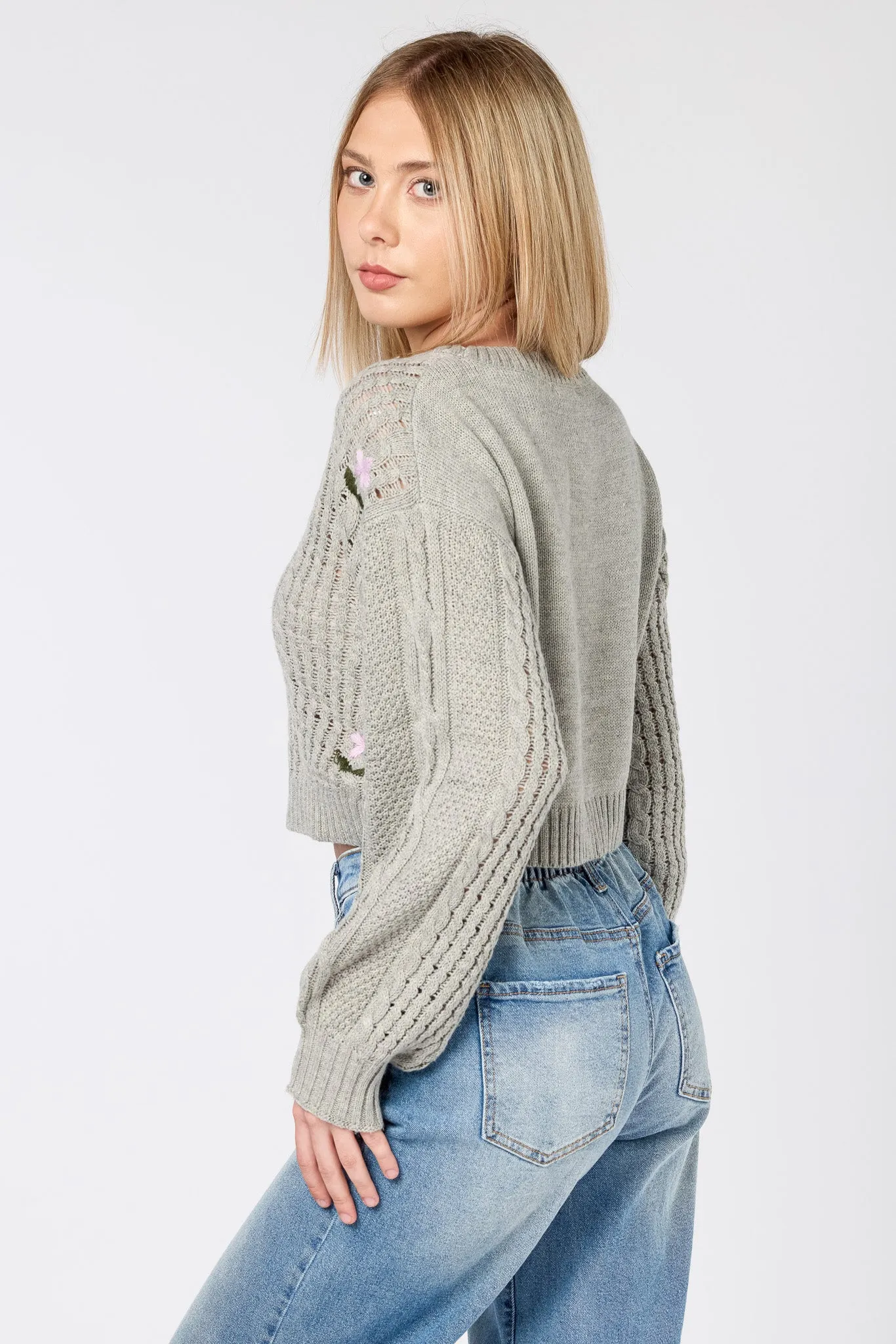 Floral Embroidered Cabled Cropped Sweater sold by Eclipse product image thumbnail 2