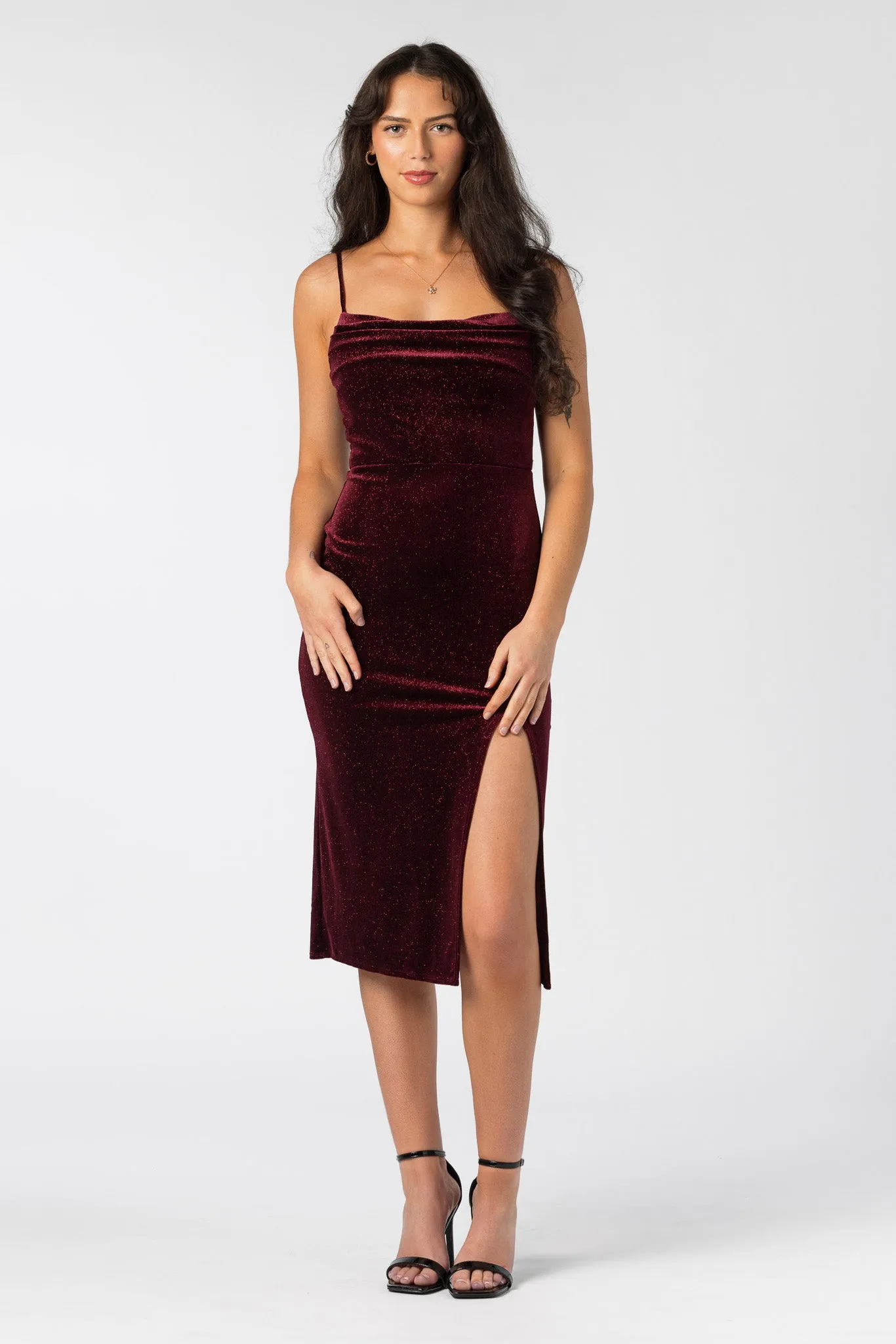 Glitter Velvet Drape Neck Midi Dress with Side Slit sold by Eclipse