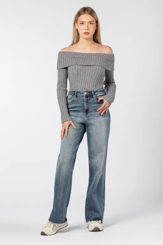 YMI High-Rise Straight Leg Jeans in Medium Wash with Raw Hem sold by Eclipse