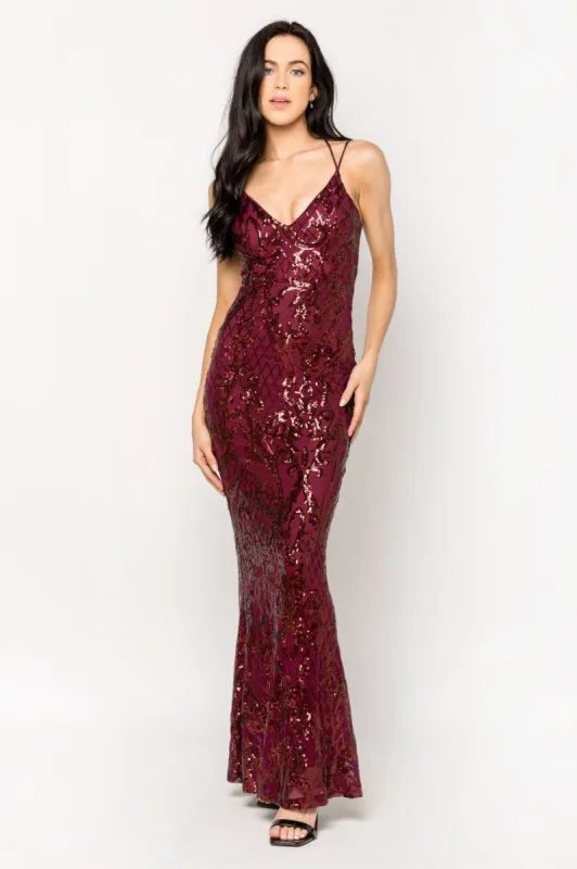 Sequin Mesh Mermaid Maxi Dress with Lace-up Back sold by Eclipse