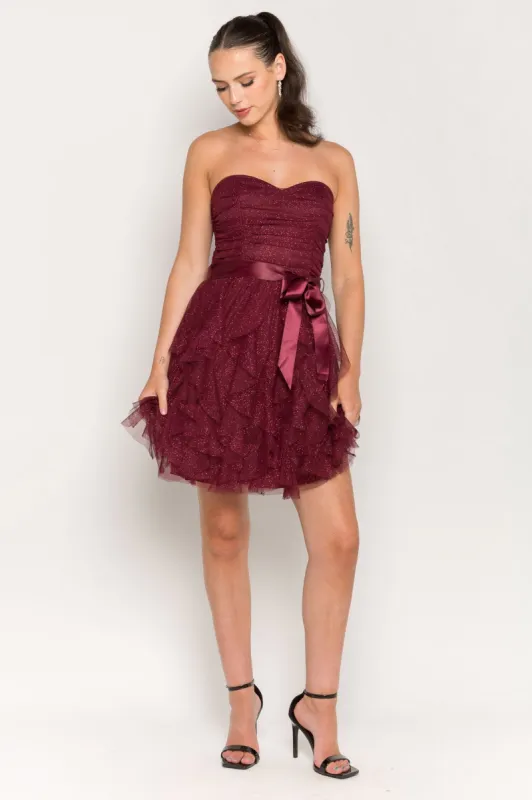 Glitter Mesh Tiered Strapless Mini Dress with Ribbon Belt sold by Eclipse
