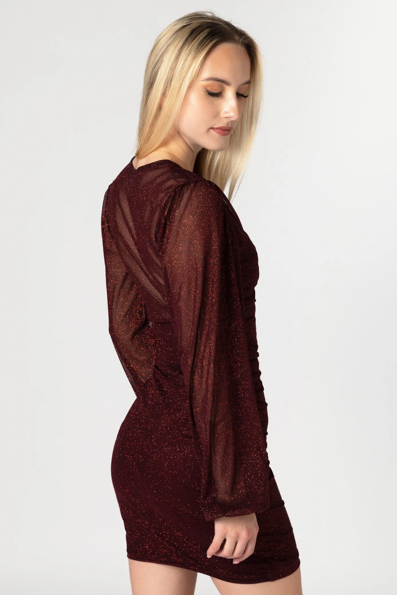 Glitter Mesh Deep V-Neck Bodycon Dress with Balloon Sleeves sold by Eclipse product image thumbnail 4