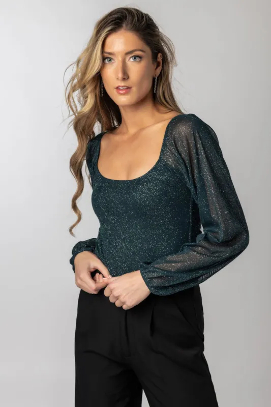 Glitter Mesh Balloon Sleeve Bodysuit sold by Eclipse
