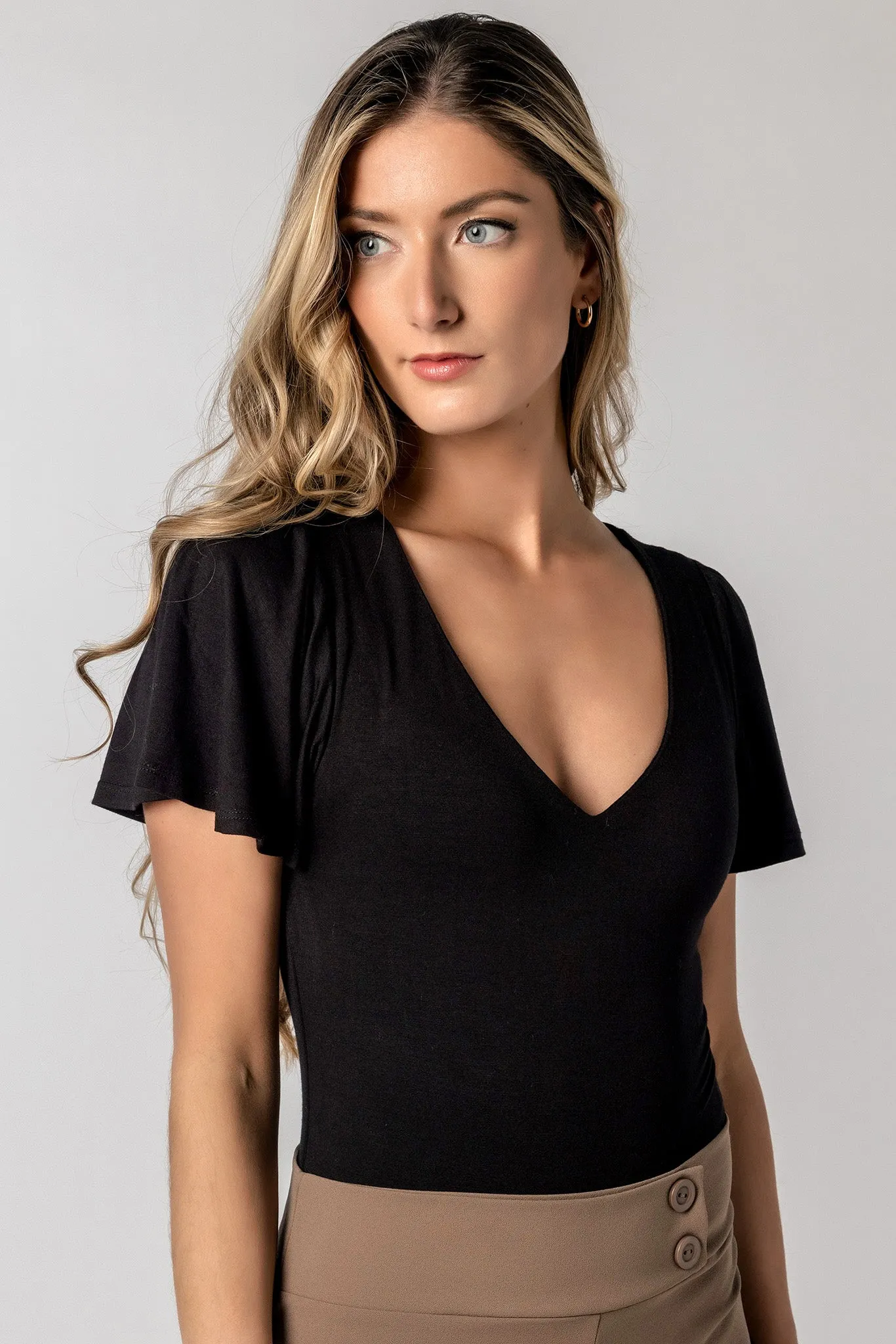 V-Neck Bodysuit with Flutter Sleeve sold by Eclipse