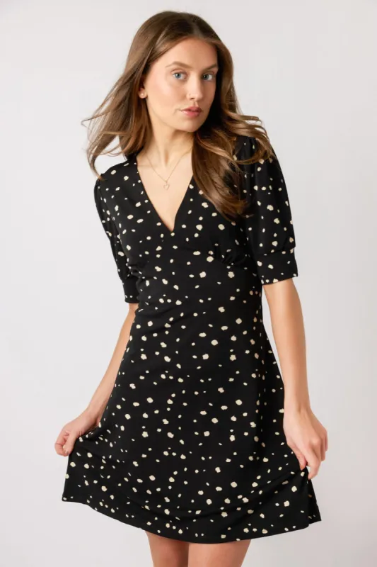Abstract Dot V-Neck Dress with Puff Sleeves sold by Eclipse