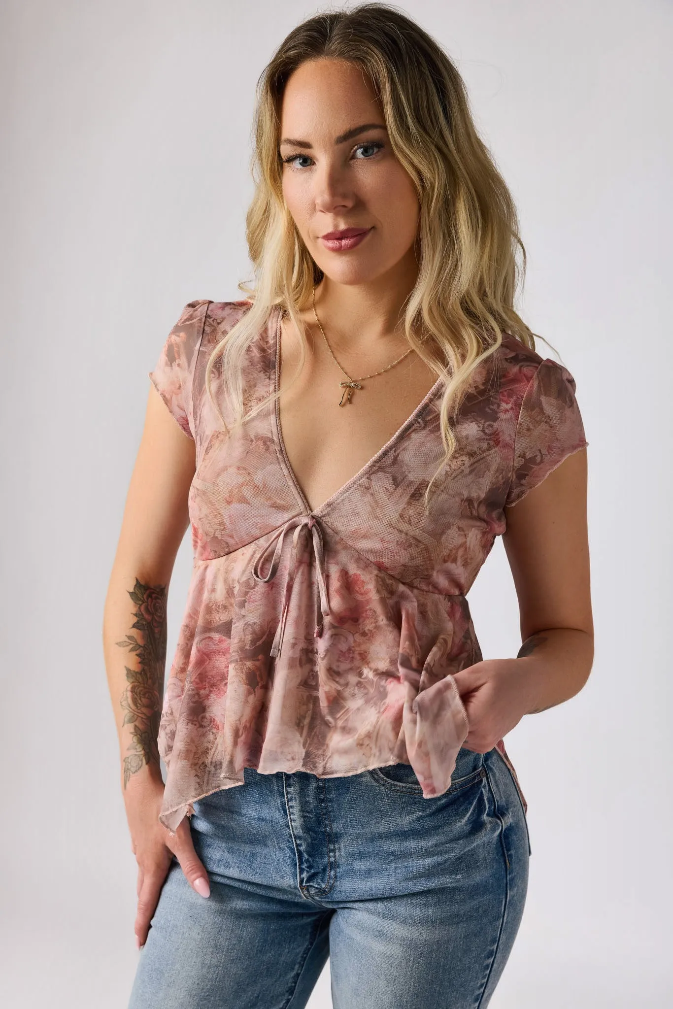 Floral Mesh Cap-Sleeve Handkerchief-Hem Top sold by Eclipse