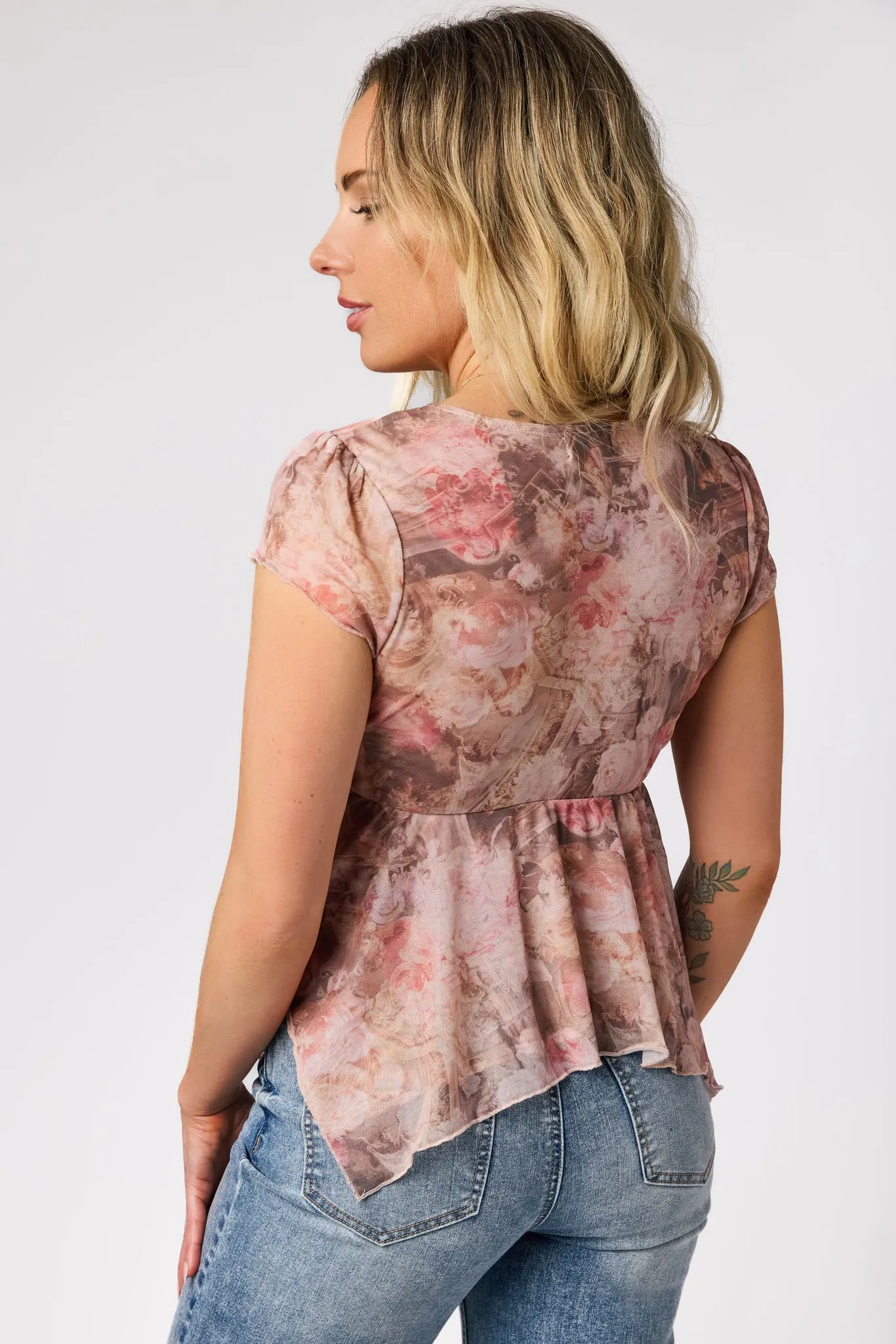 Floral Mesh Cap-Sleeve Handkerchief-Hem Top sold by Eclipse product image thumbnail 2