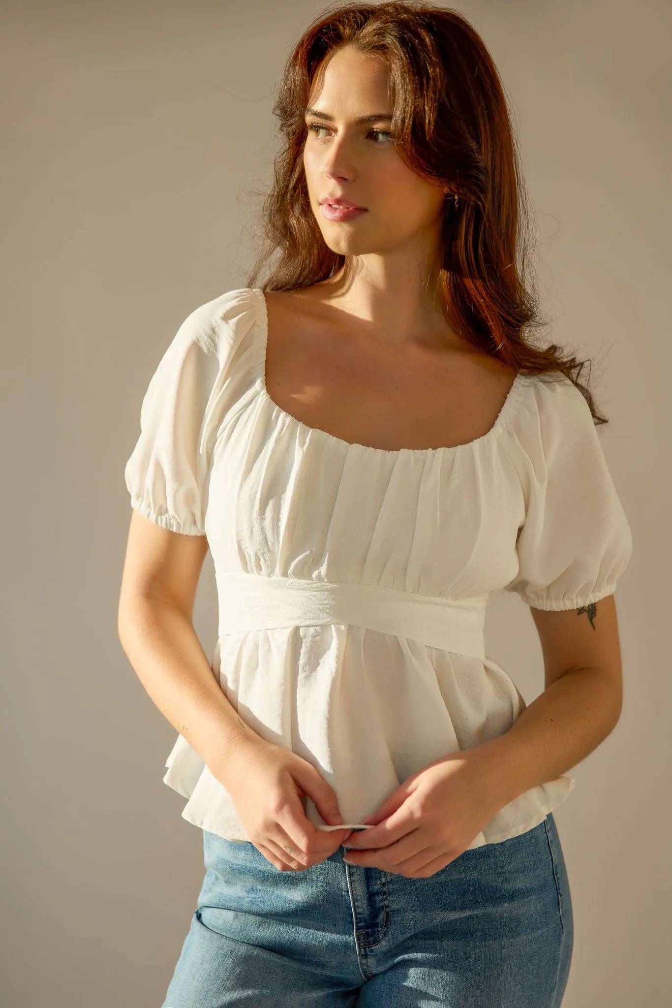 Airflow Short-Sleeve Tie-Back Peasant Top sold by Eclipse