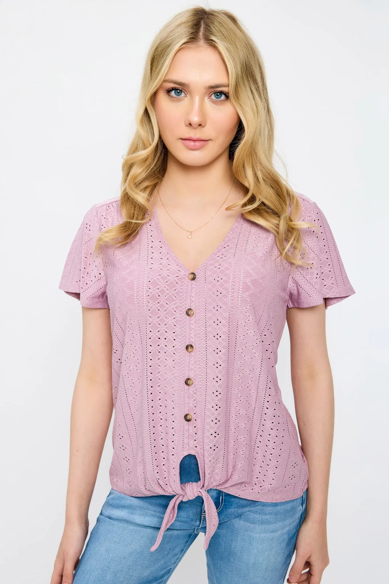 Eyelet-Knit Short-Sleeve Tie-Front Top sold by Eclipse product image thumbnail 5