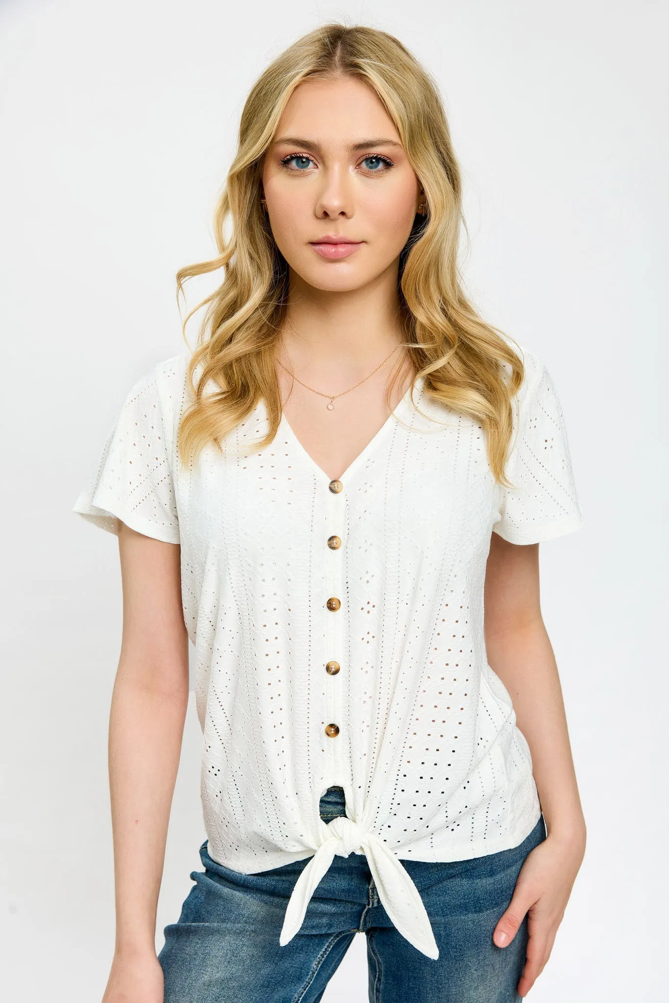 Eyelet-Knit Short-Sleeve Tie-Front Top sold by Eclipse