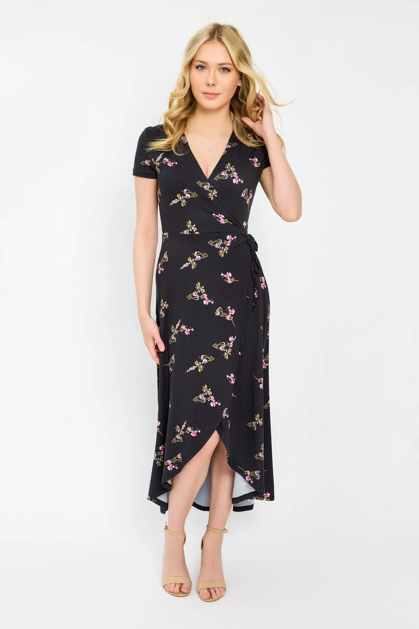 Floral Cap-Sleeve Crossover High-Low Dress sold by Eclipse